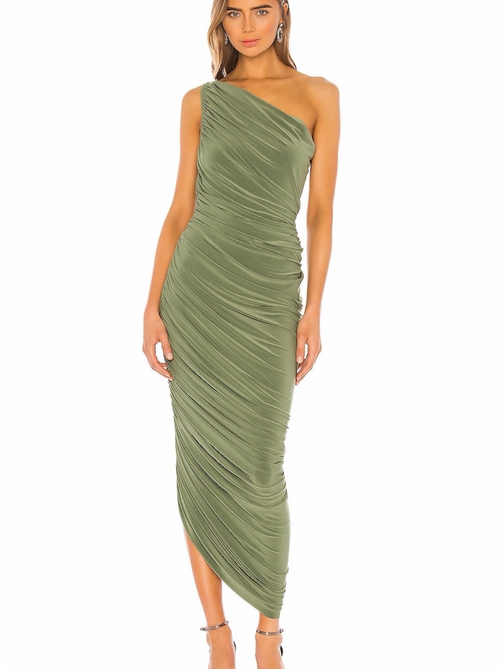 Norma Kamali Olive One-Shoulder Ruched Asymmetric Midi Dress